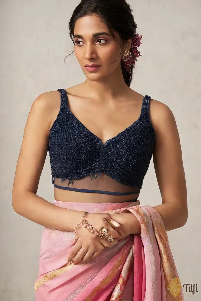 Black Pearl Backless Blouse with V-Cut Neckline & Dori